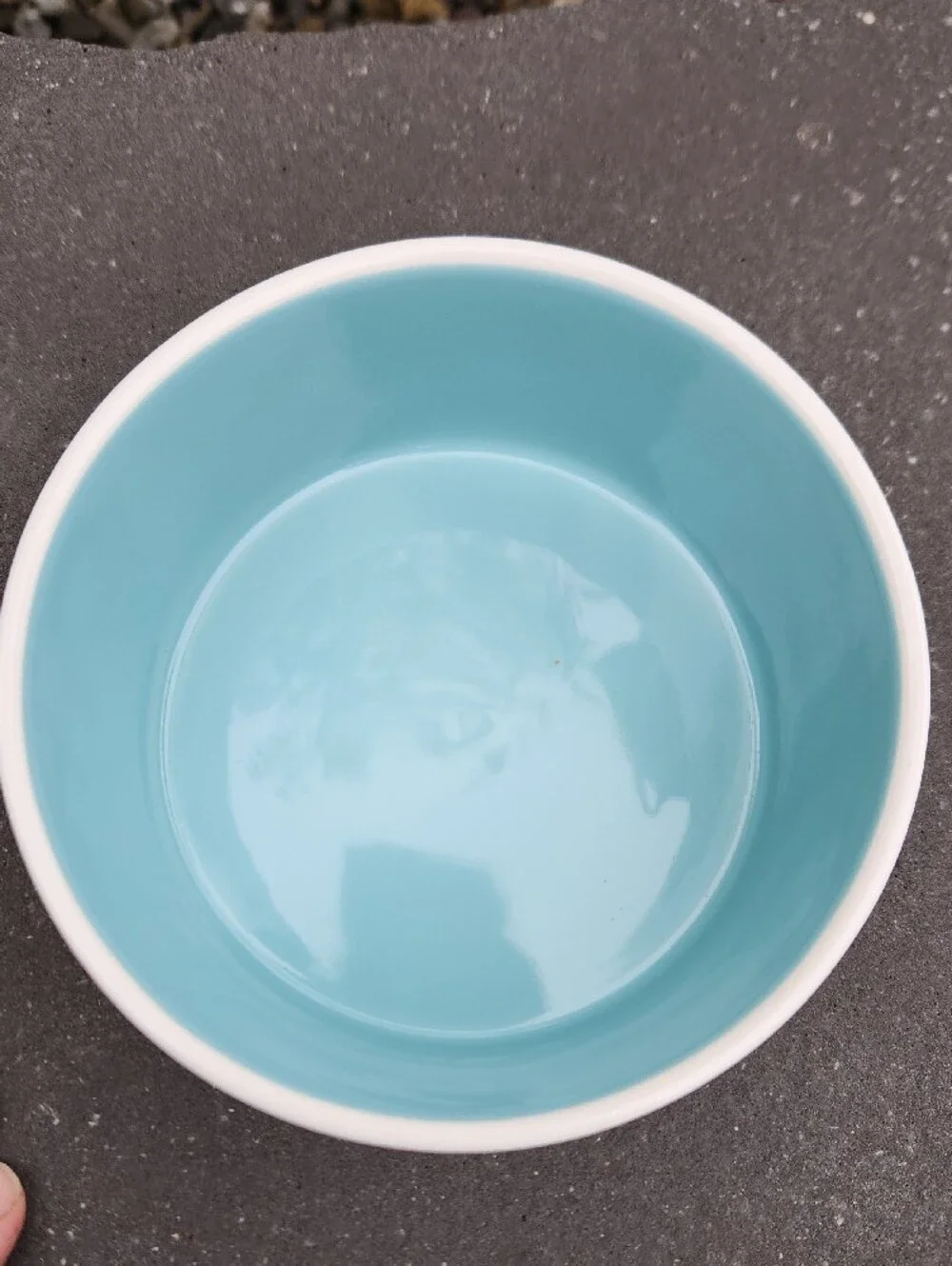 EUC Rae Dunn 'WOOF' Ceramic Dog Bowl in White with Turquoise Interior